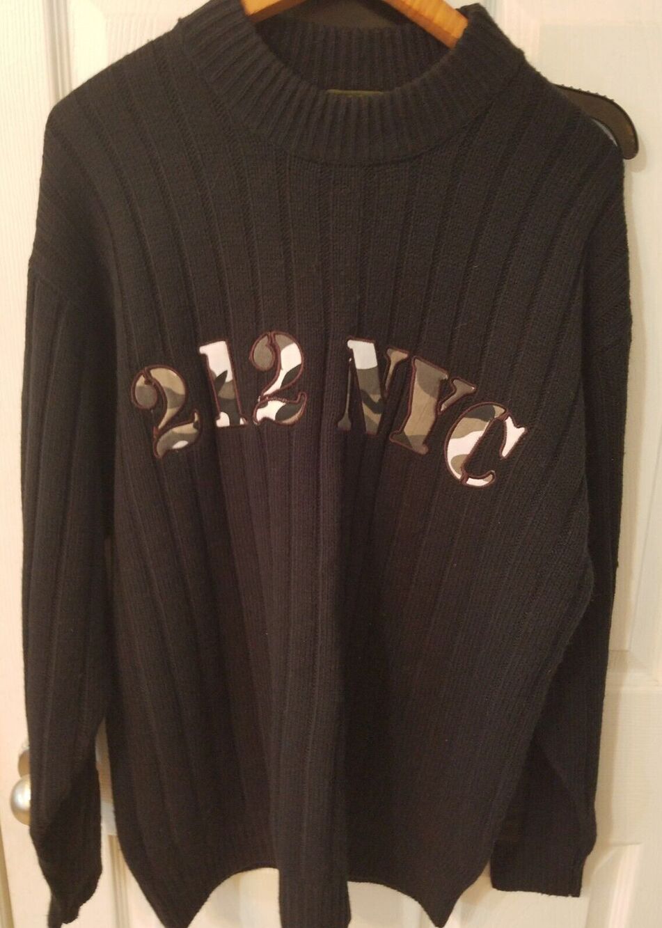 212 NYC Mens Black Camo Design Letters Sweater Size Medium